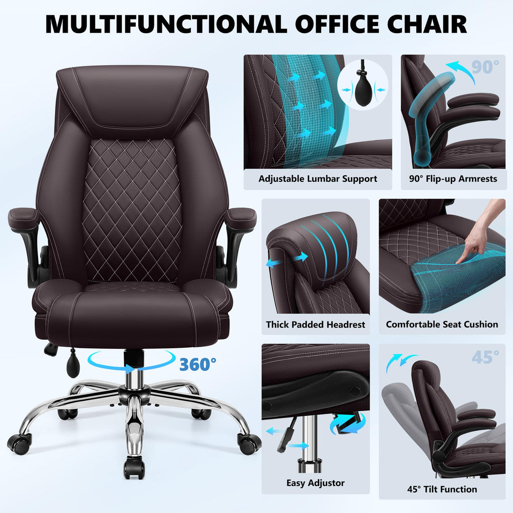 Executive Office Chair with Lumbar Support, Big and Tall Ergonomic Computer Desk Chair, Leather Comfy High Back