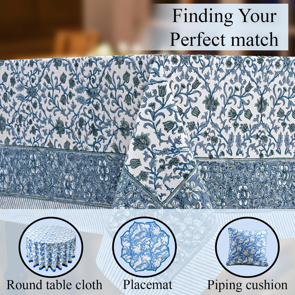 CPC Ocean Vine Tablecloth 100% Cotton 60x60 Inch Indian Block Print Rectangle Table Cover, Table Cloth for Gifting in