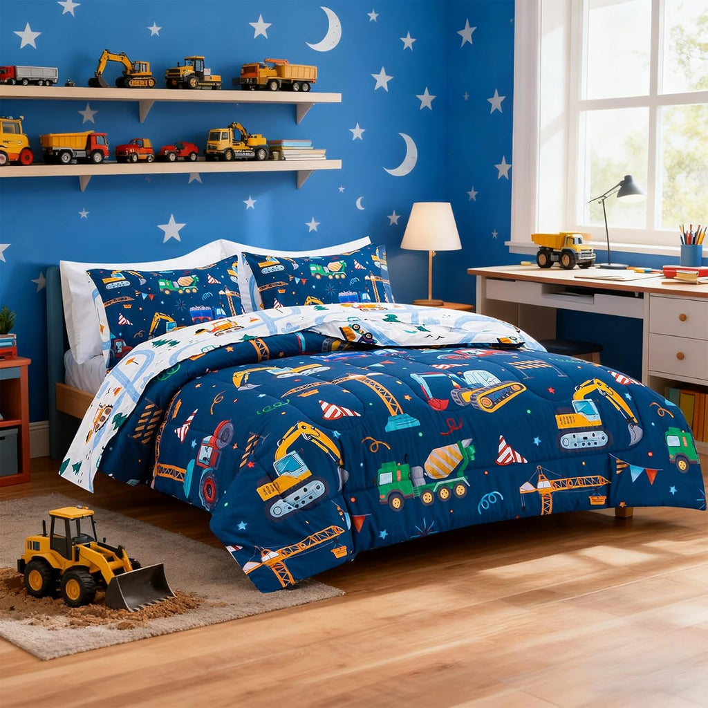 Cars Boy Bedding Comforter Set with Sheets, Full Cartoon Construction Car Excavator Print Kids Bed in