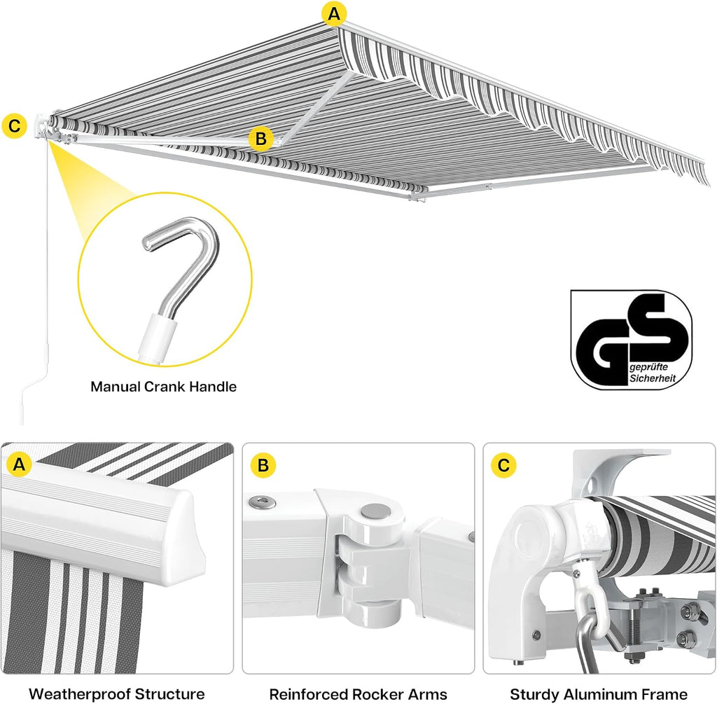 Retractable Patio Awning 11.5'×9.8', Grey with White Strip | Fully Assembled Retractable Balcony Awning, 280G
