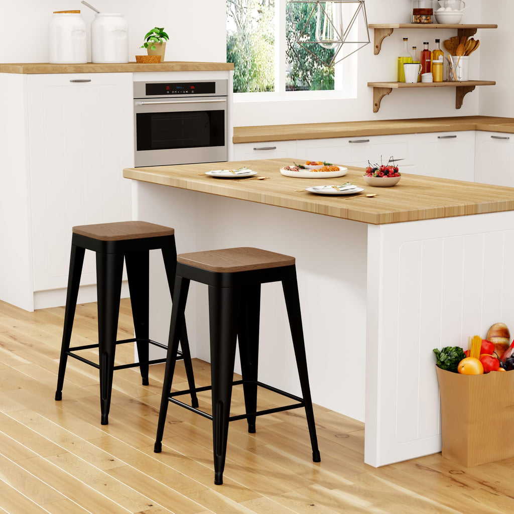24" Metal Bar Stools Set of 4 Black Counter Height Stools with Wood Seat Stackable Backless Industrial Style Stools