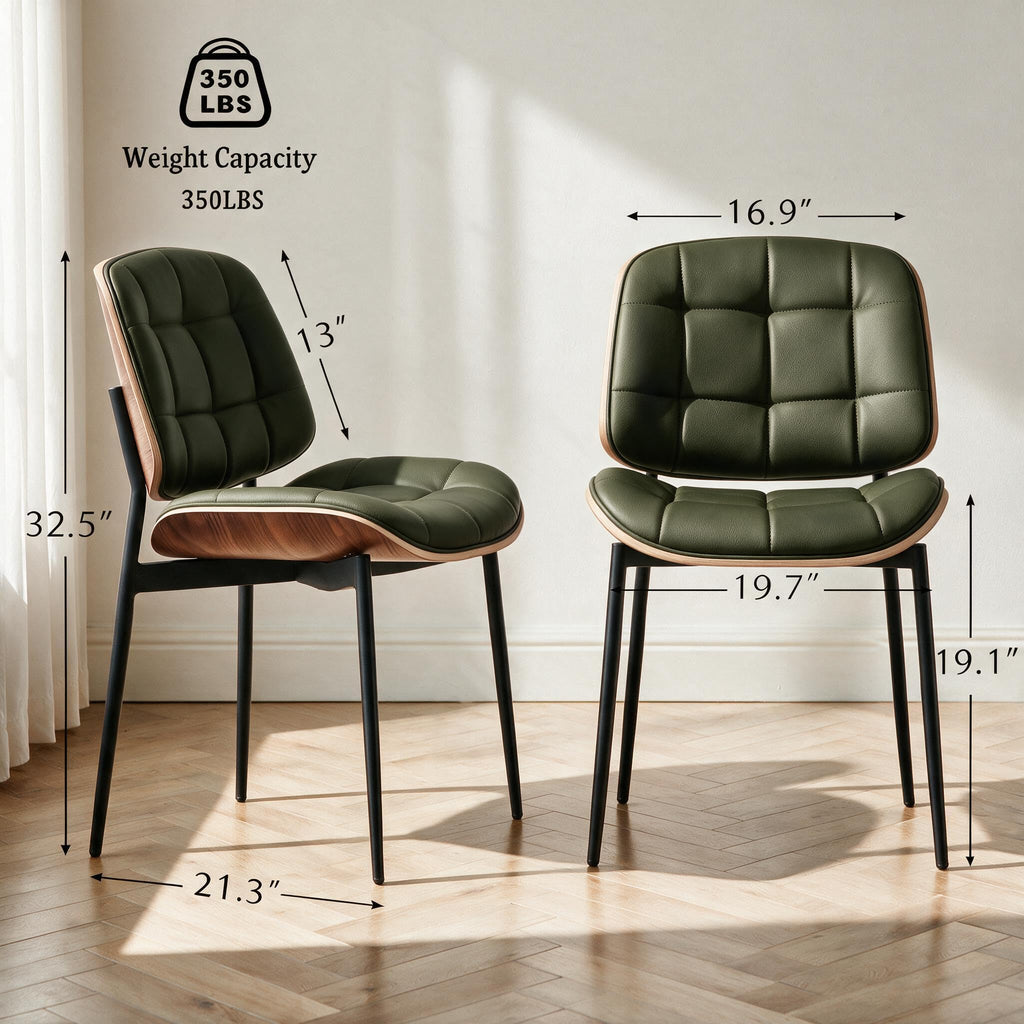 Mid Century Modern Dining Chairs with Walnut Grain Back, Green Faux Leather Dining Room Chairs Set of 4, Checkered