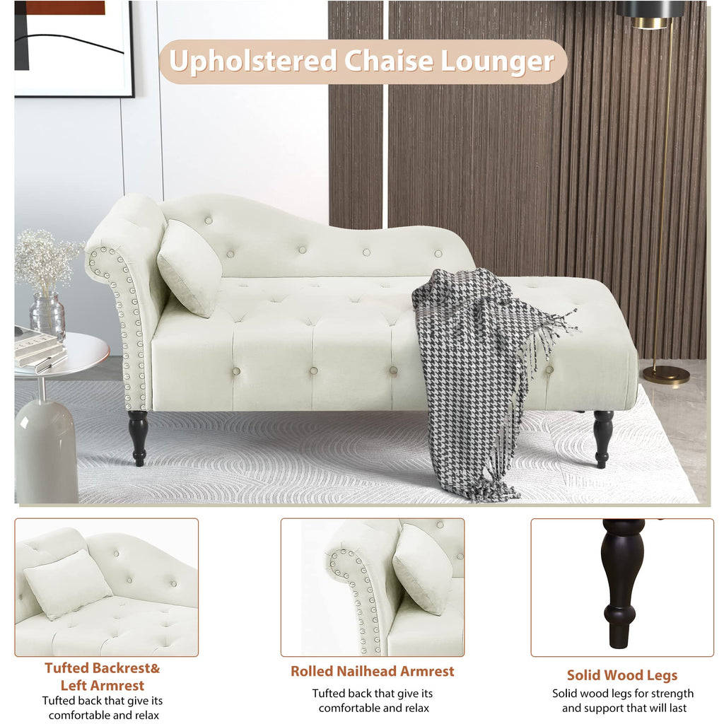 60" Chaise Lounge Indoor Velvet Button Tufted with Pillow, Nailhead Decorate Rolled Arm Chaise Lounge Living Room
