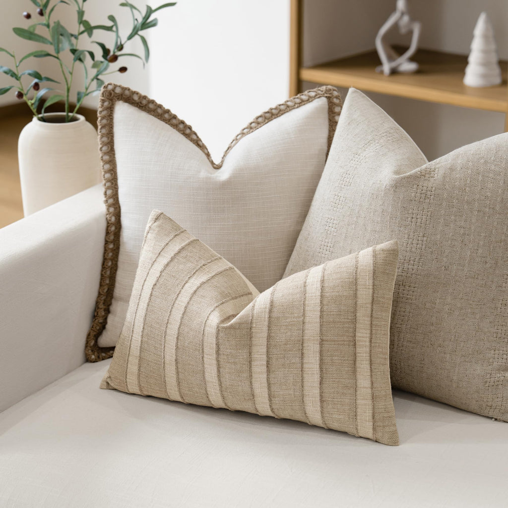 Striped Lumbar Throw Pillow Covers 12x20 Set of 2, Natural Linen