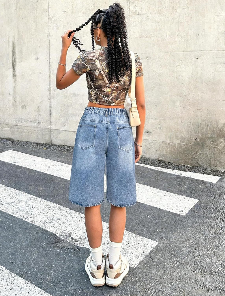 Girls Jean Shorts High Waisted Wide Leg Baggy Denim Shorts for Teen Trendy Y2k Vintage Bermuda Jorts