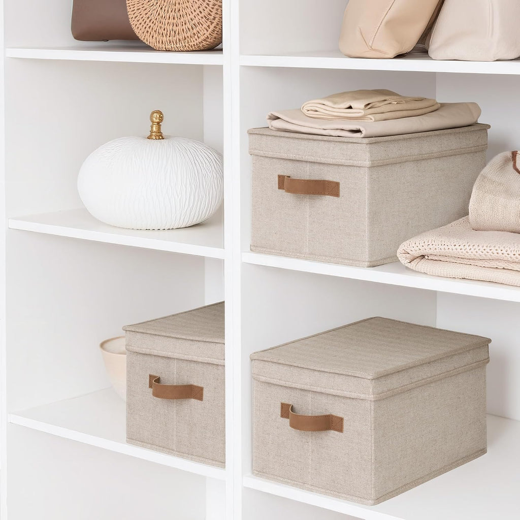 Fabric Storage Bins with Lids, Decorative Storage Bins with PU Handles, Foldable Storage Baskets for Closet, Shelves