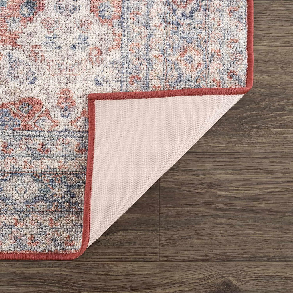Ambre Living Room, Bedroom Machine Washable Area Rug - Floral Medallion Border Distressed Faded - Oriental