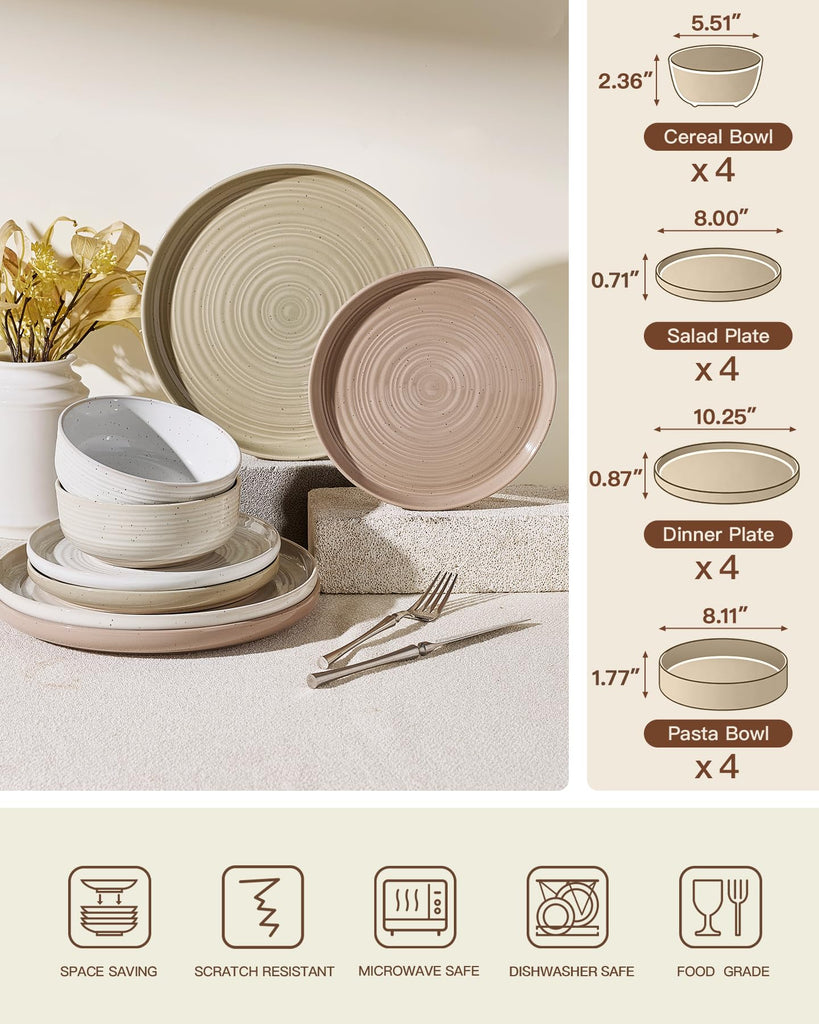 Stoneware Dinnerware Sets with Pasta Bowls, Service for 4