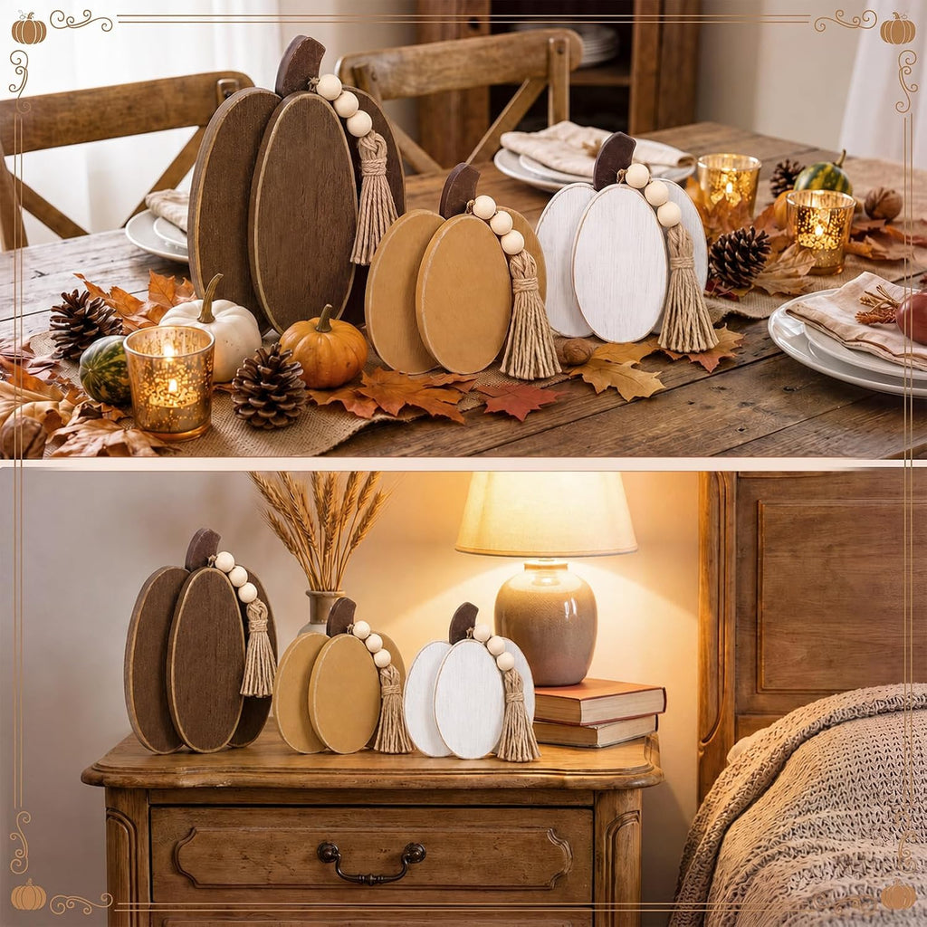 Fall Thanksgiving Pumpkin Decor with Beige Beads Fall Wooden Sign 3D Pumpkin Tabletop Centerpiece Farmhouse - Set of 3