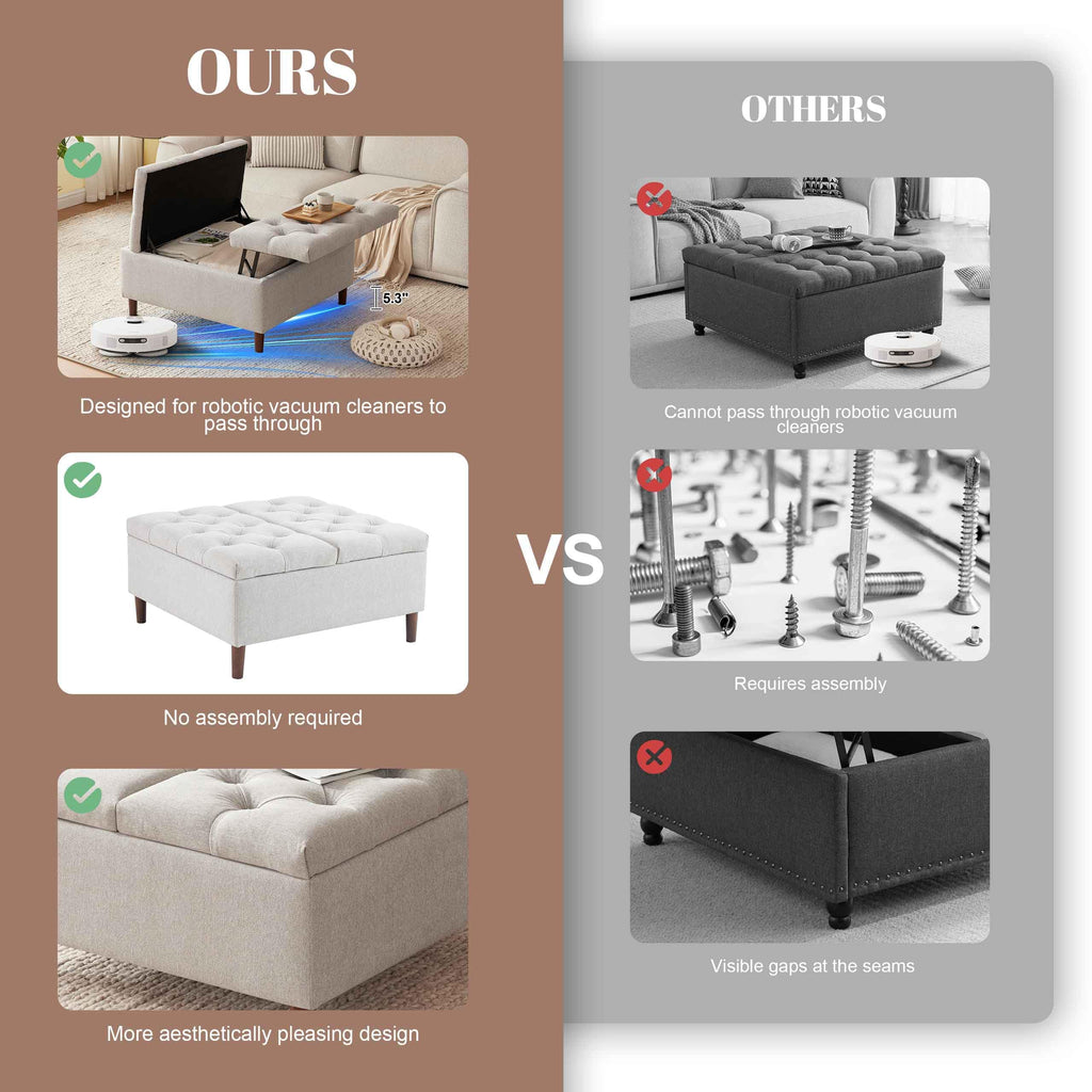 35" Large Storage Ottoman Coffee Table, Square Ottoman, Light Grey