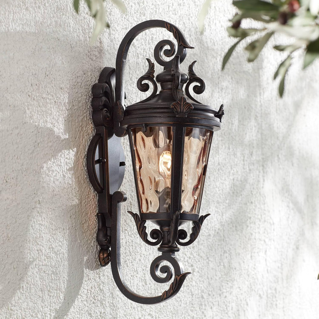Marseille 19" Bronze Scroll Outdoor Wall Light with Champagne Hammered Glass