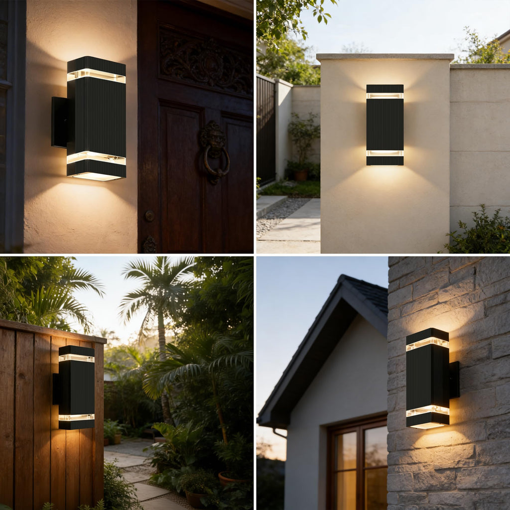 Dusk to Dawn Square Outdoor Wall Lights, Up and Down Porch Lights, Black