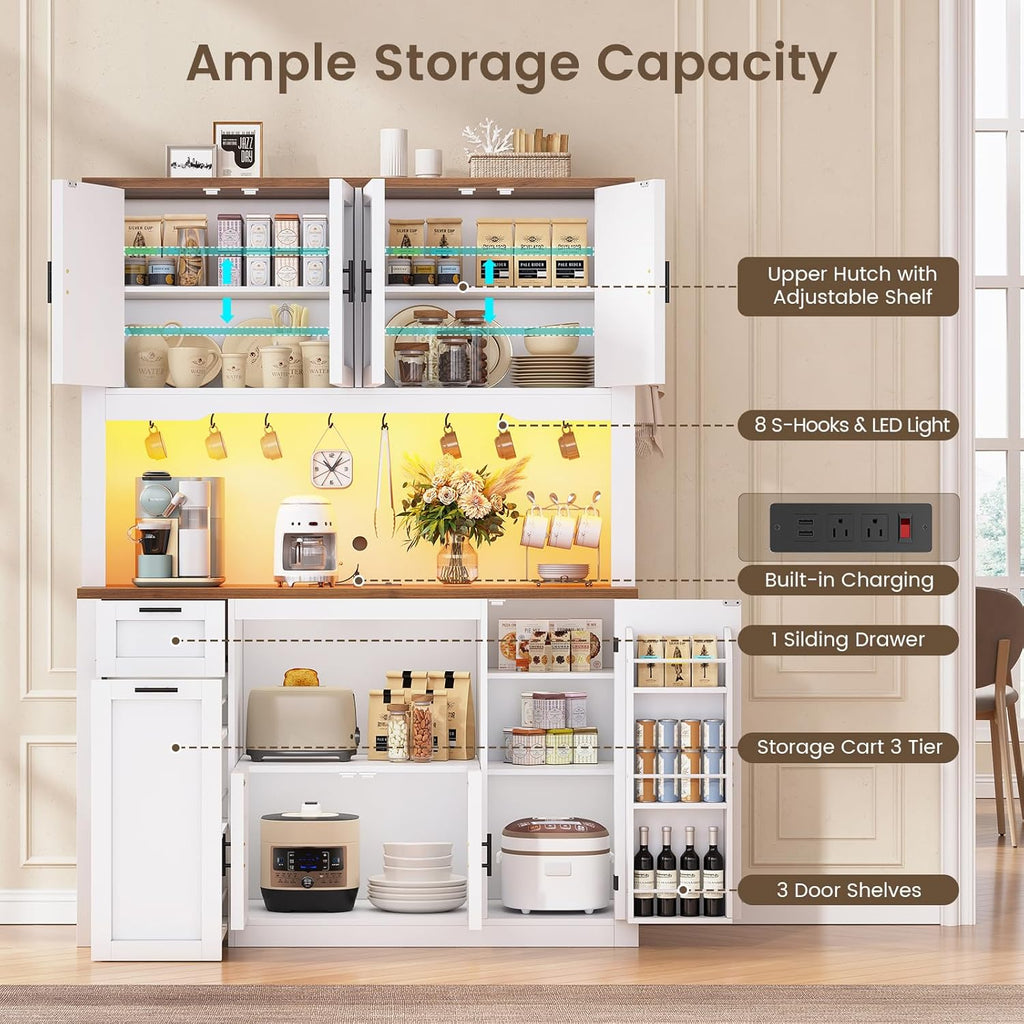 71" Pantry Cabinet with Charging Station and LED Light, Kitchen Pantry Cabinet with Microwave Stand, 47.2" Wide