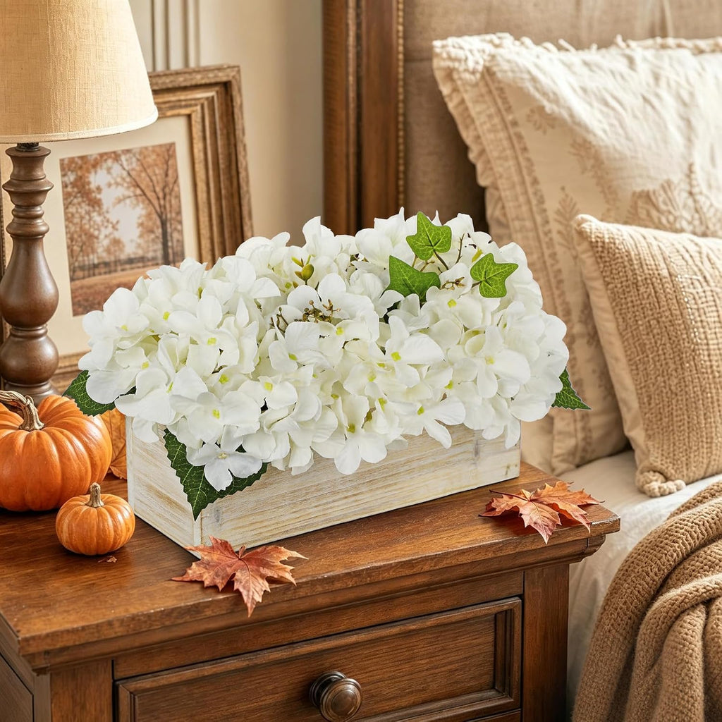 White Hydrangea Artificial Flowers in Wooden Pot Faux Silk Hydrangea Flowers Potted Fake Fall Flower Floral