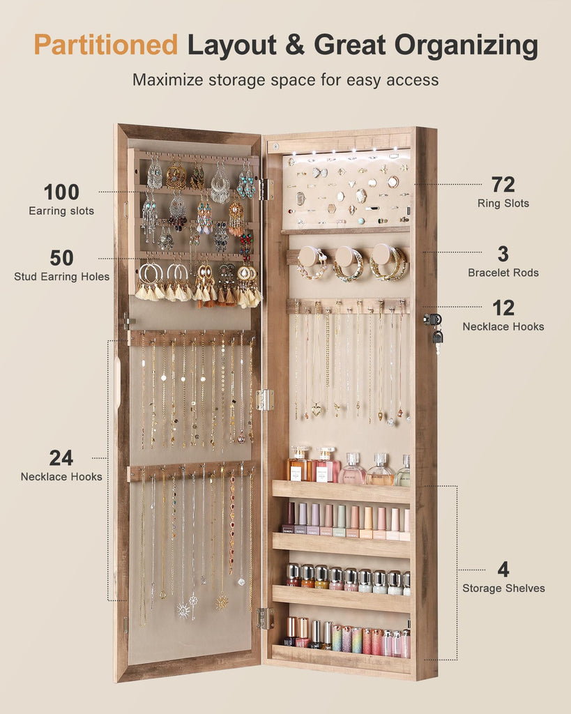6 LEDs Jewelry Armoire, Hanging Mirror Jewelry Cabinet, Oak