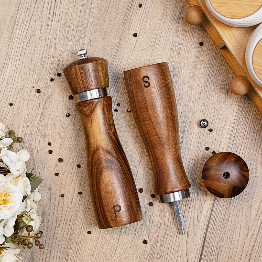 Acacia Wood Salt and Pepper Grinder Set Kitchen Home 8 Inch - Set of 2