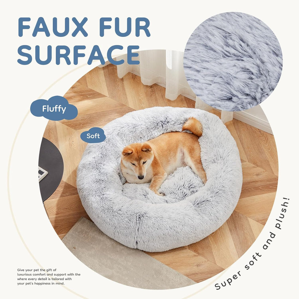 XL Donut Dog Bed for Indoor Use, Fluffy Faux Fur Plush