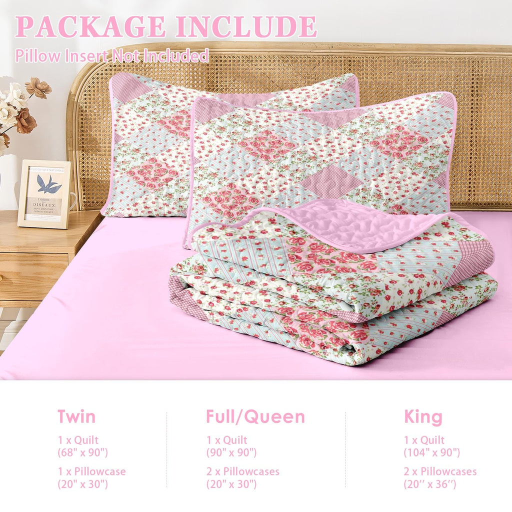 Quilt Set, 2 Pieces Pink Floral Bedding, Bedspread