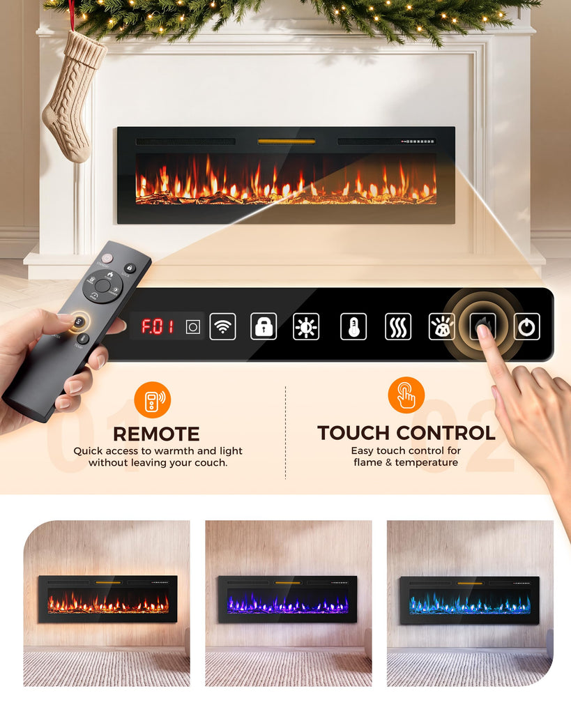 50" Smart WiFi Electric Fireplace Heater, Recessed Wall Mounted