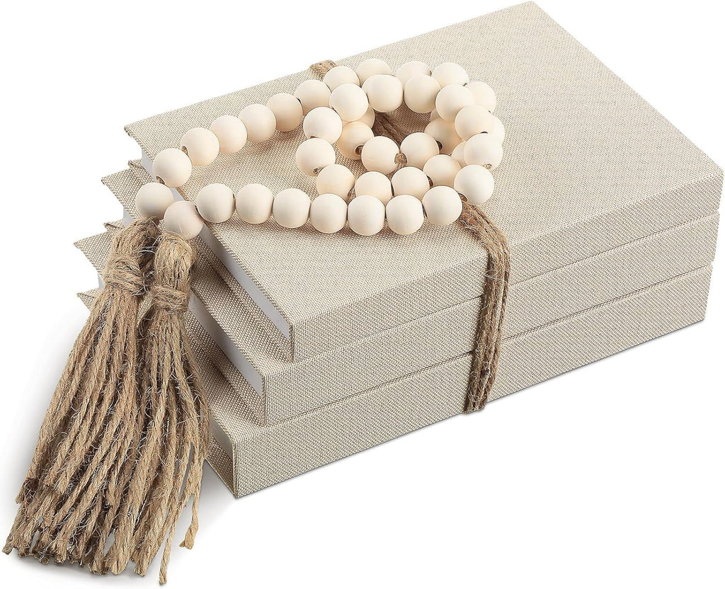 Linen Covered Decorative Books, Set of 3, Coffee Table Books Fabric Book Decor with Wooden Beaded Tassel Neutral Home
