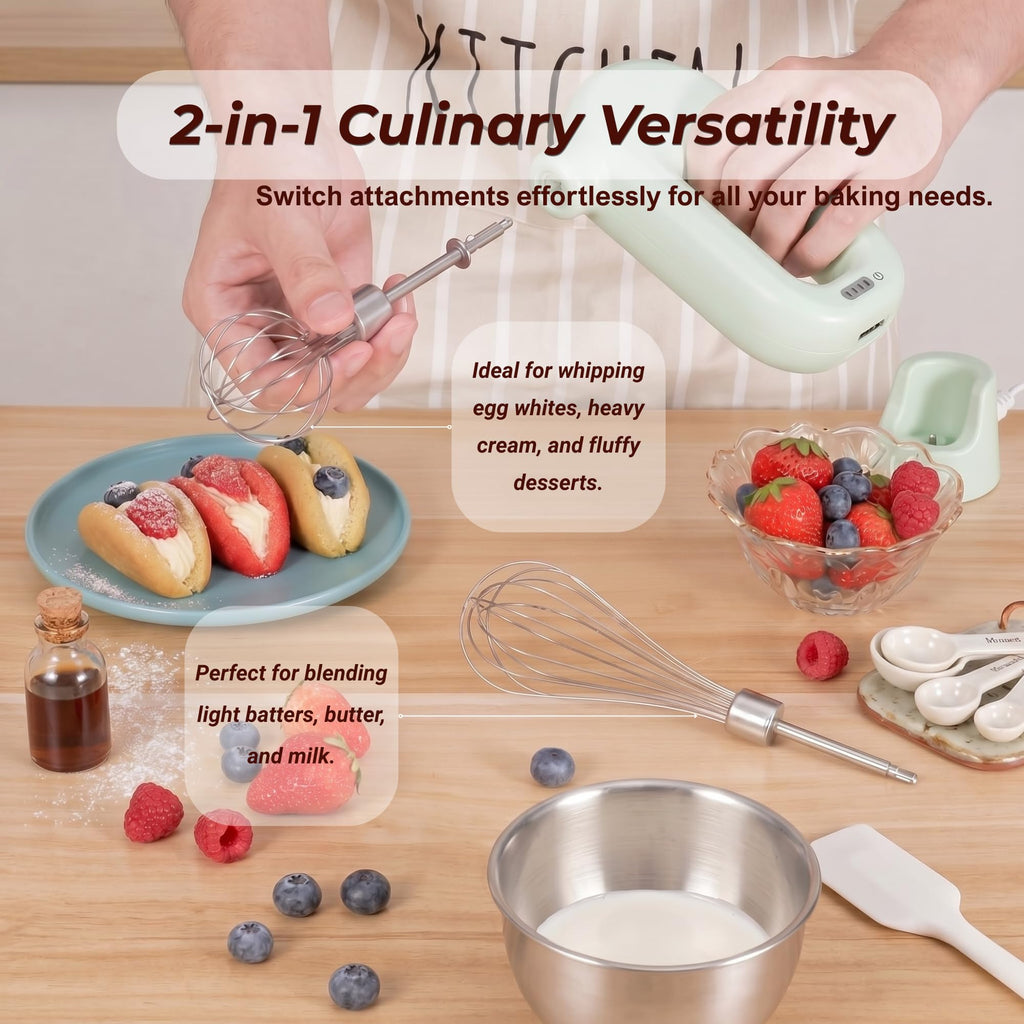 Colorful Mini Cordless Hand Mixer, Self-Standing USB Rechargeable Handheld Egg Beater with 4 Speeds & 2 Whisks
