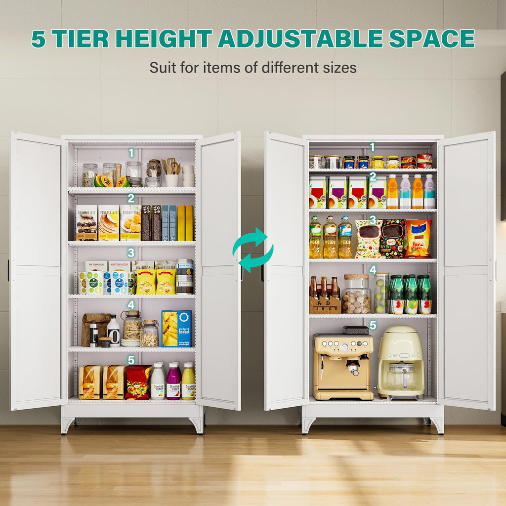 75" Tall Pantry Cabinet, Wide & Deep Farmhouse Kitchen Pantry Storage Cabinets with 2 Doors and 5 Shelves, White Metal