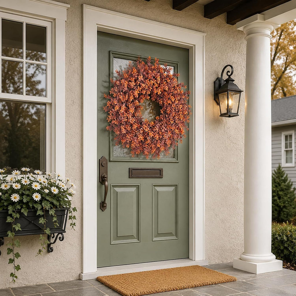 24" Artificial Fall Boxwood Wreath for Front Door Decoration (Deep Orange)