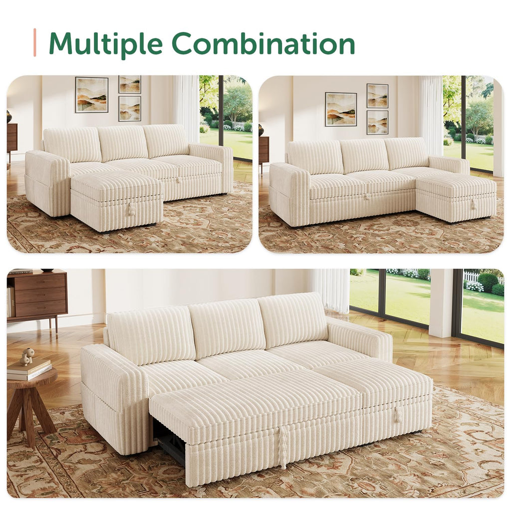 Corduroy Sectional Sleeper Sofa with Pull Out Bed & Storage, Beige