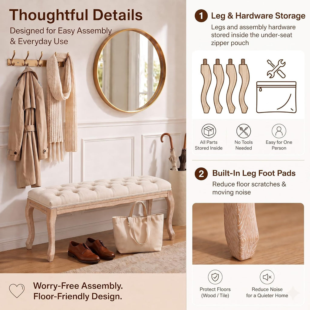 French Vintage Tufted End of Bed Bench, Linen Upholstered | 43.4"L × 15.02"W × 19"H, 330 lbs, Rubberwood legs