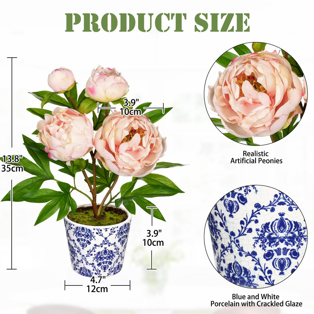 Faux Peony Flowers in Blue and White Ceramic Pot - 13.8" Realistic Silk Peonies Artificial Peony Floral Arrangement