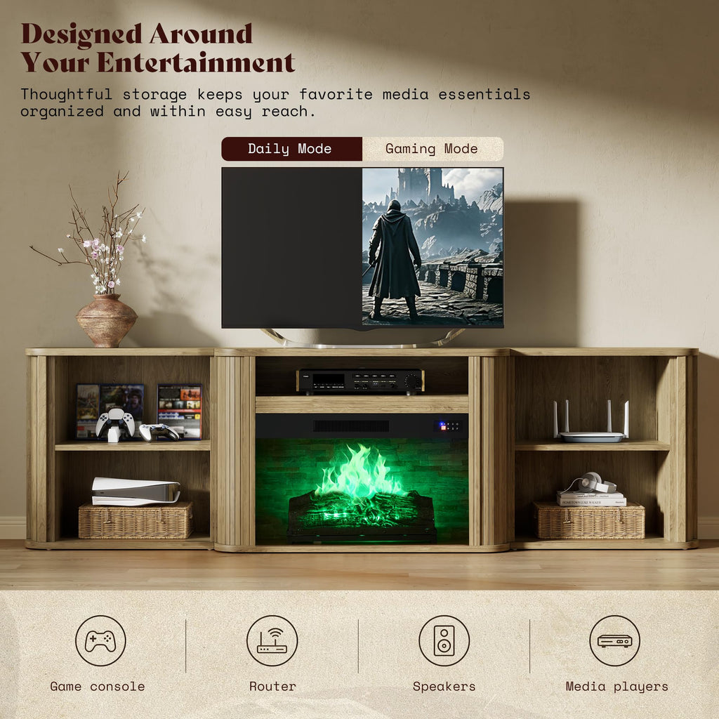 70" Fluted Electric Fireplace TV Stand, Mid Century Modern, Oak