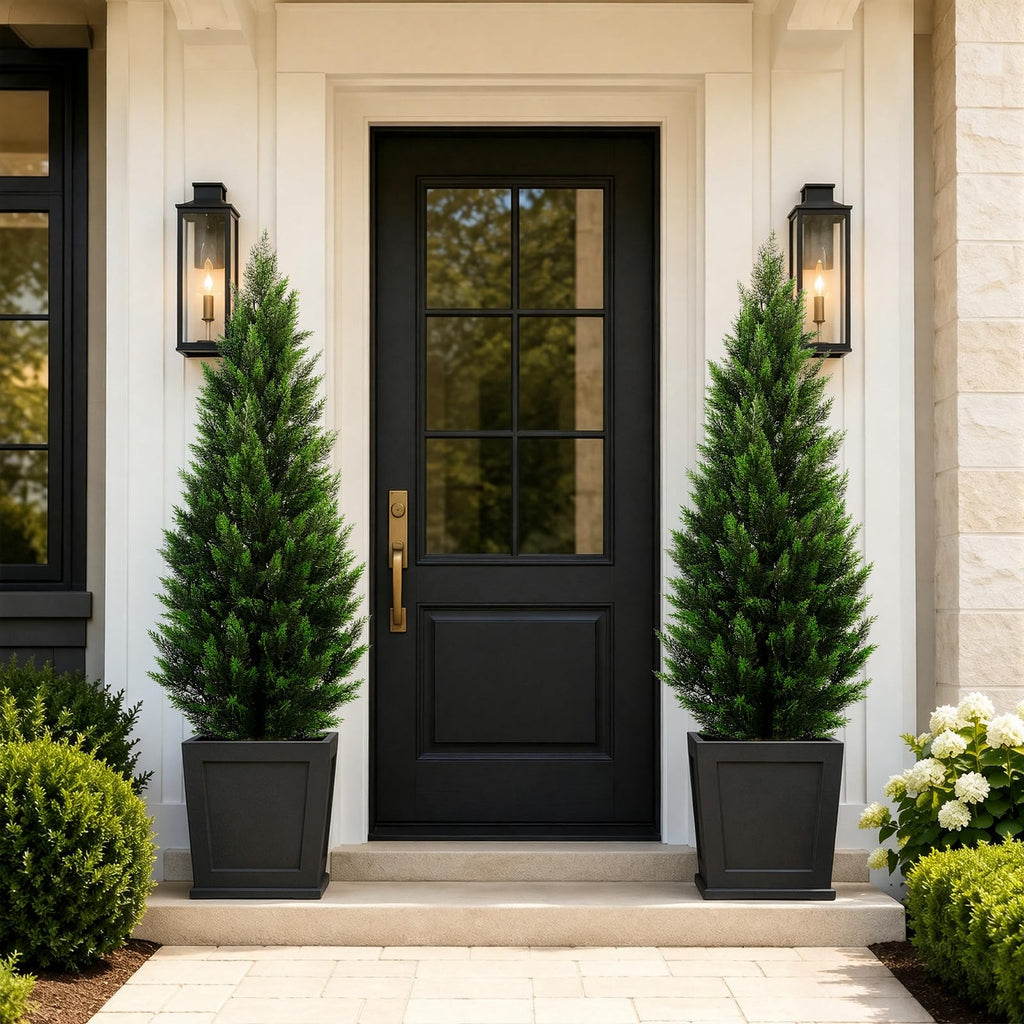 Artificial Topiary Cedar Trees 5FT Tall 2 Set, Outdoor Indoor Faux Pine Shrubs Plants, Realistic Fake Plants Front