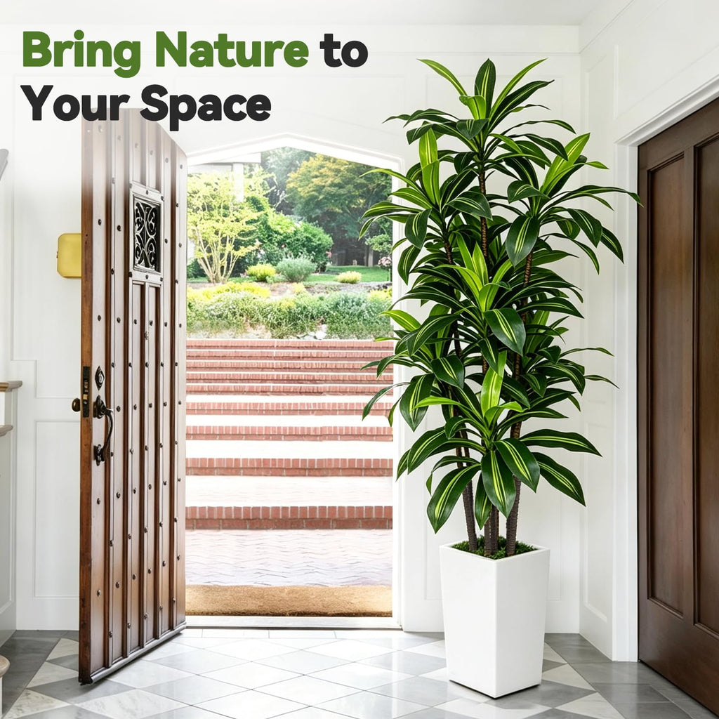 7FT Artificial Dracaena Tree with Tall White Planter - Large Fake Tree with Lifelike Leaves - Tall Faux Floor Plants