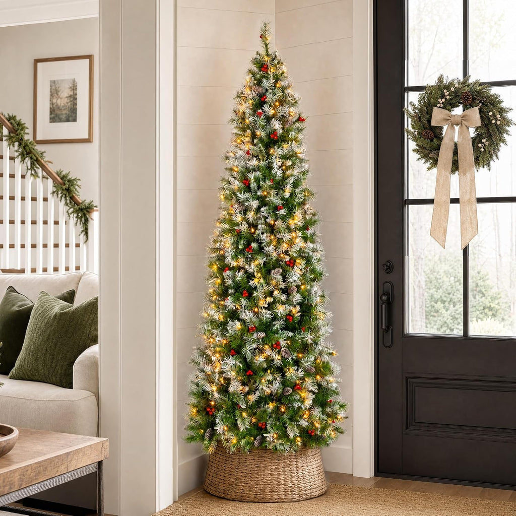 Pencil Christmas Tree Pre-Lit w/Viral Twinkling Lights, Slim Pre-Decorated Artificial Frosted Pine Skinny Holiday