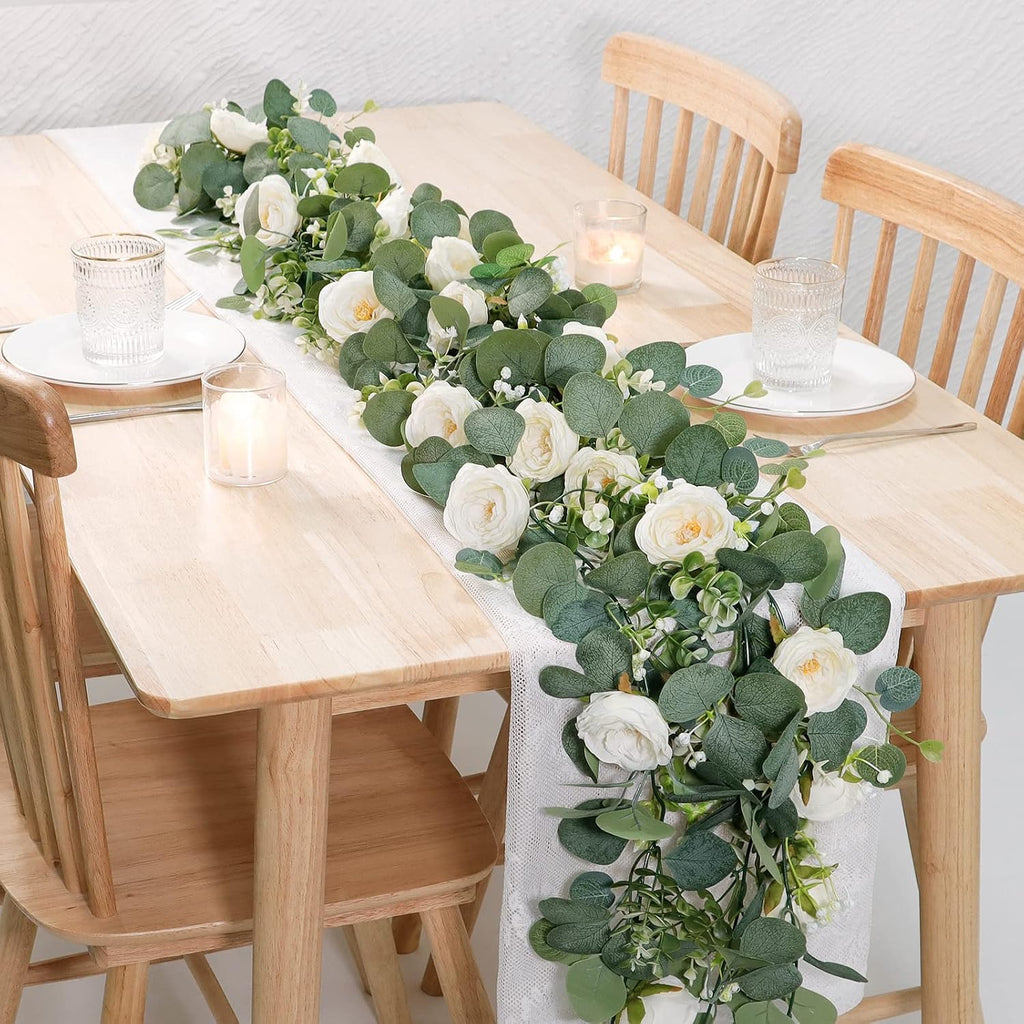 Artificial Eucalyptus Flower Garland with White Roses - Set of 4