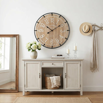 24 Inch Large Farmhouse Wall Clock - Rustic Antique Wood, Silent Battery Operated Clock Kitchen Bedroom Living Room
