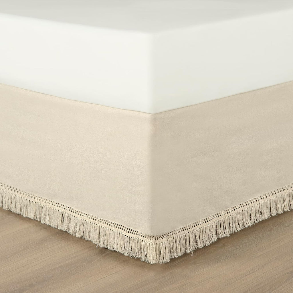 Boho Fringe 15-Inch Tailored Drop Easy Fit Bed Skirt Queen Size Single 60" W x 80" L +15" Neutral - Queen Bed Skirt