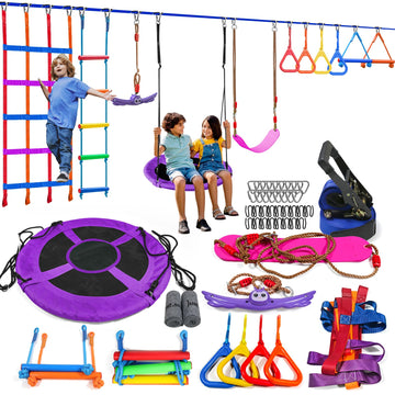 50FT Kids Ninja Slackline Obstacle Course, 11 Accessories Rope Ladder Climbing Net Disc Swing for Backyard Ages 3+