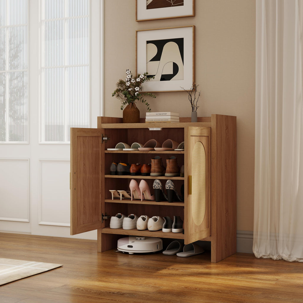 5 Layer Farmhouse Style Shoe Cabinet, Wooden Freestanding Shoe Rack with 2 Doors and Adjustable Shelves, Shoe Storage