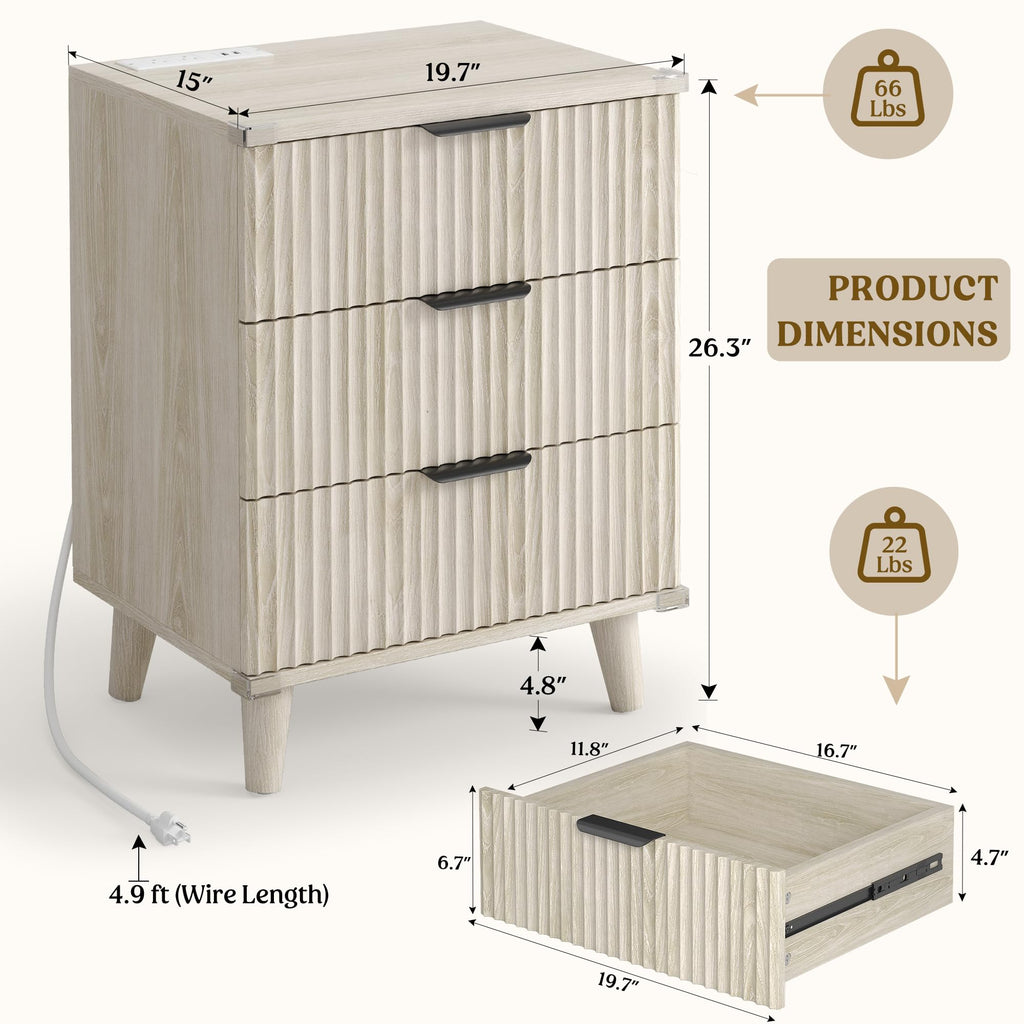 Wood Nightstands Set of 2 w/Charging Station, 3 Drawers Fluted Dresser