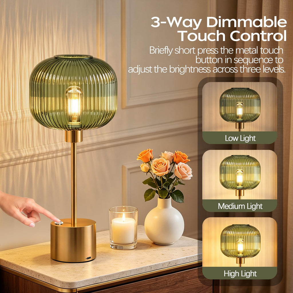 Rechargeable Cordless Glass Table Lamp, Modern Bedside Lamp