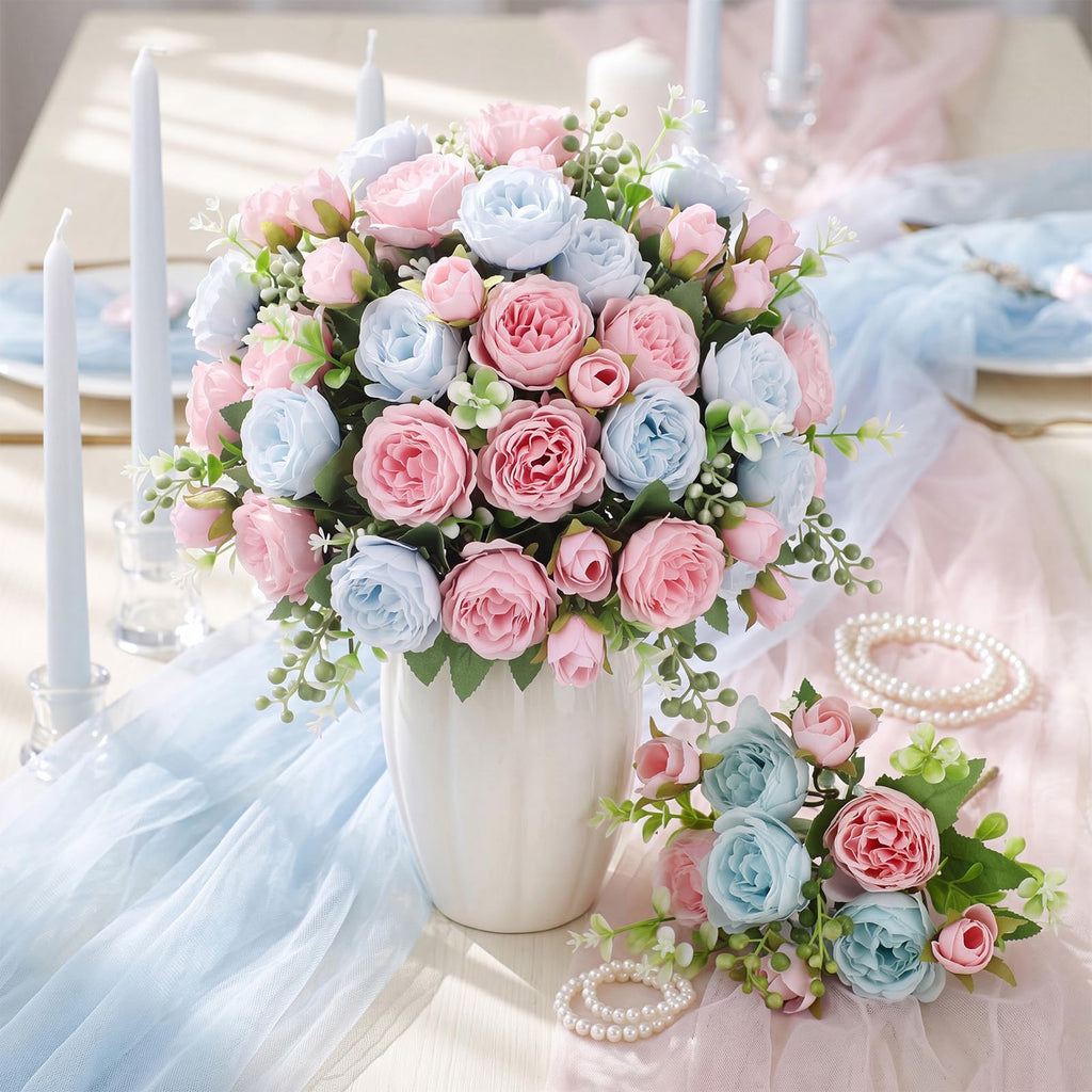 8 Bundles Artificial Peony Centerpiece Flowers, Blue Pink