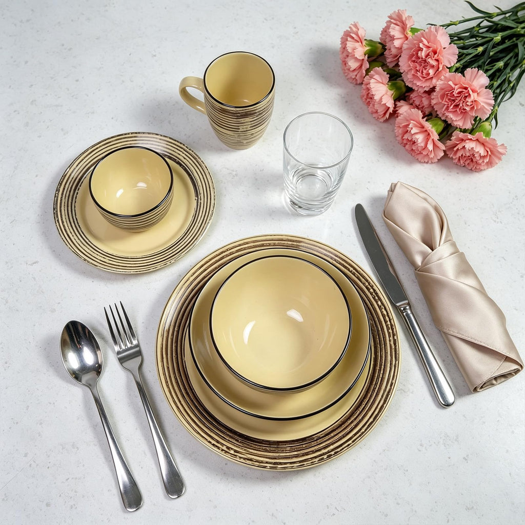 48 Piece Dinnerware Set, Ceramic Plates and Bowls Sets for 8, Microwave and Dishwasher Safe, Handcrafted Tree Bark