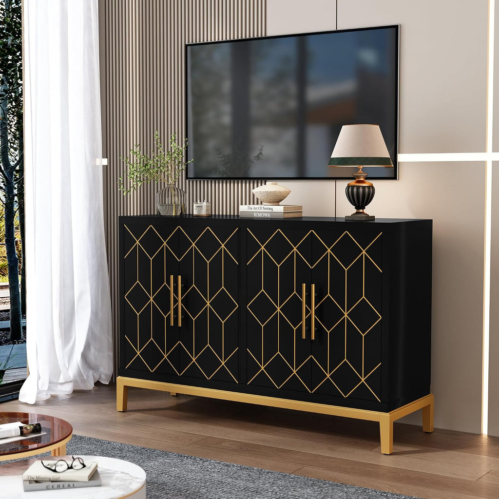 Accent Cabinet with 4 Doors&Shelves, Sideboard Buffet Cabinet with Gold Trim, Modern Black Storage