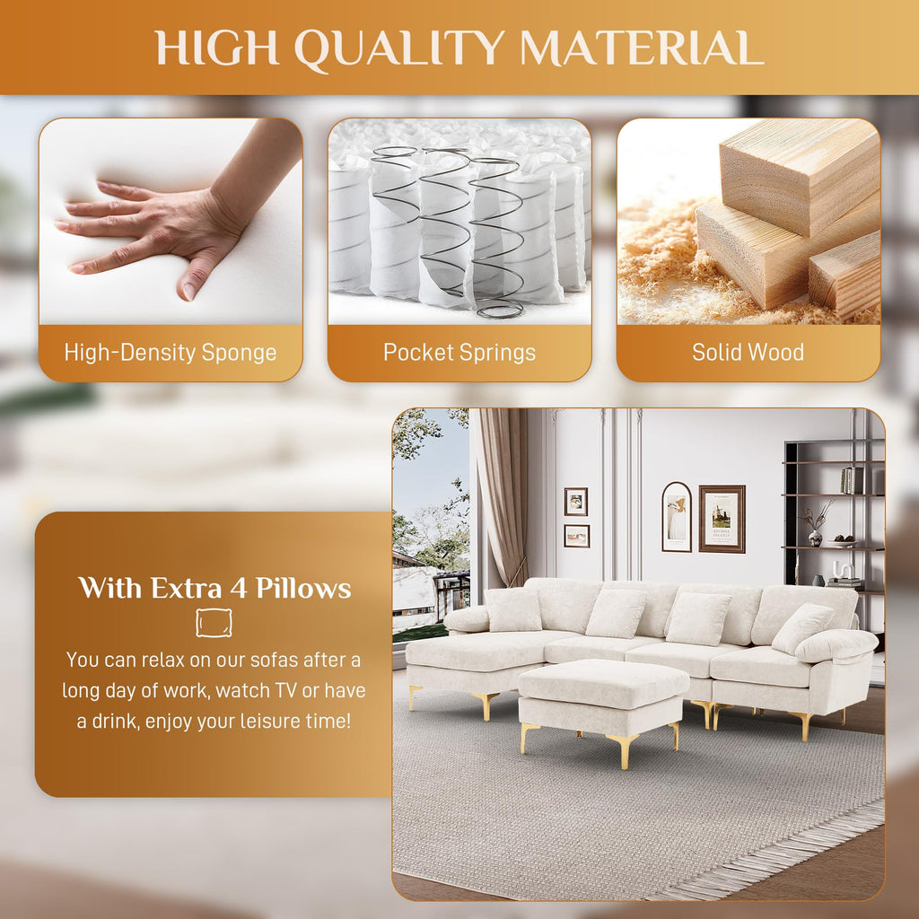 114" U-Shaped Velvet Sectional Couch with Ottoman, White