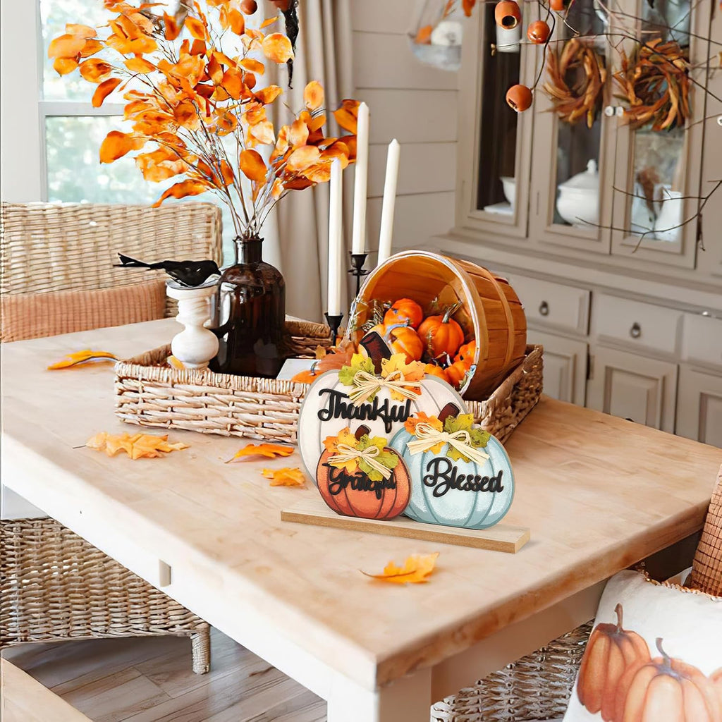 Fall Pumpkin Decor Wooden Table Sign Thankful Blessed Grateful Tabletop for Autumn Farmhouse Vintage - Set of 3
