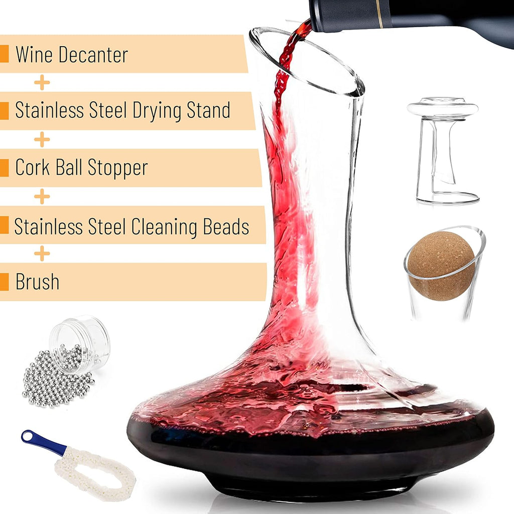 BTaT- XL Decanter with Drying Stand, Stopper, Brush and Beads, Hand Blown Crystal Glass, Wine Decanter, Wine Carafe