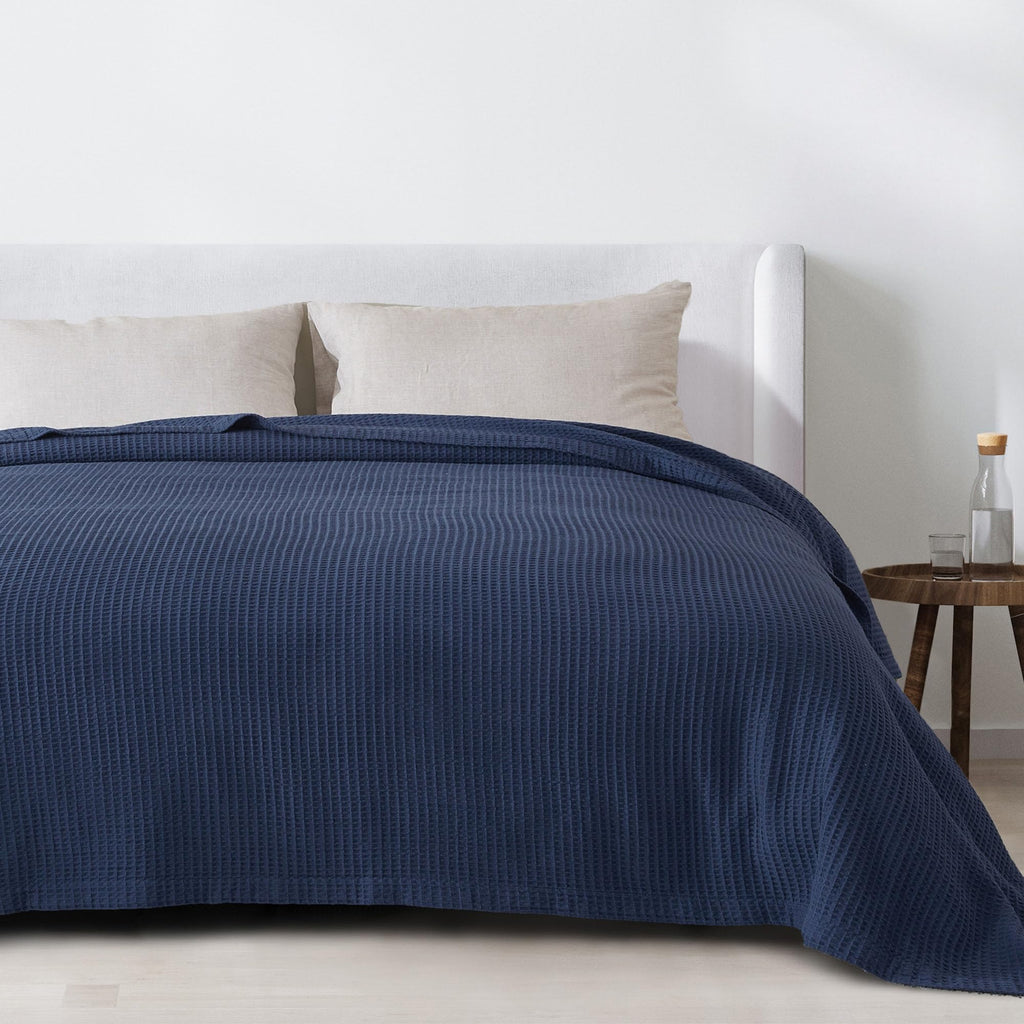 100% Cotton Blue Blanket Full/Queen Size for Bed - Breathable and Soft, Waffle Weave for Summer Spring, 90x90 Inches