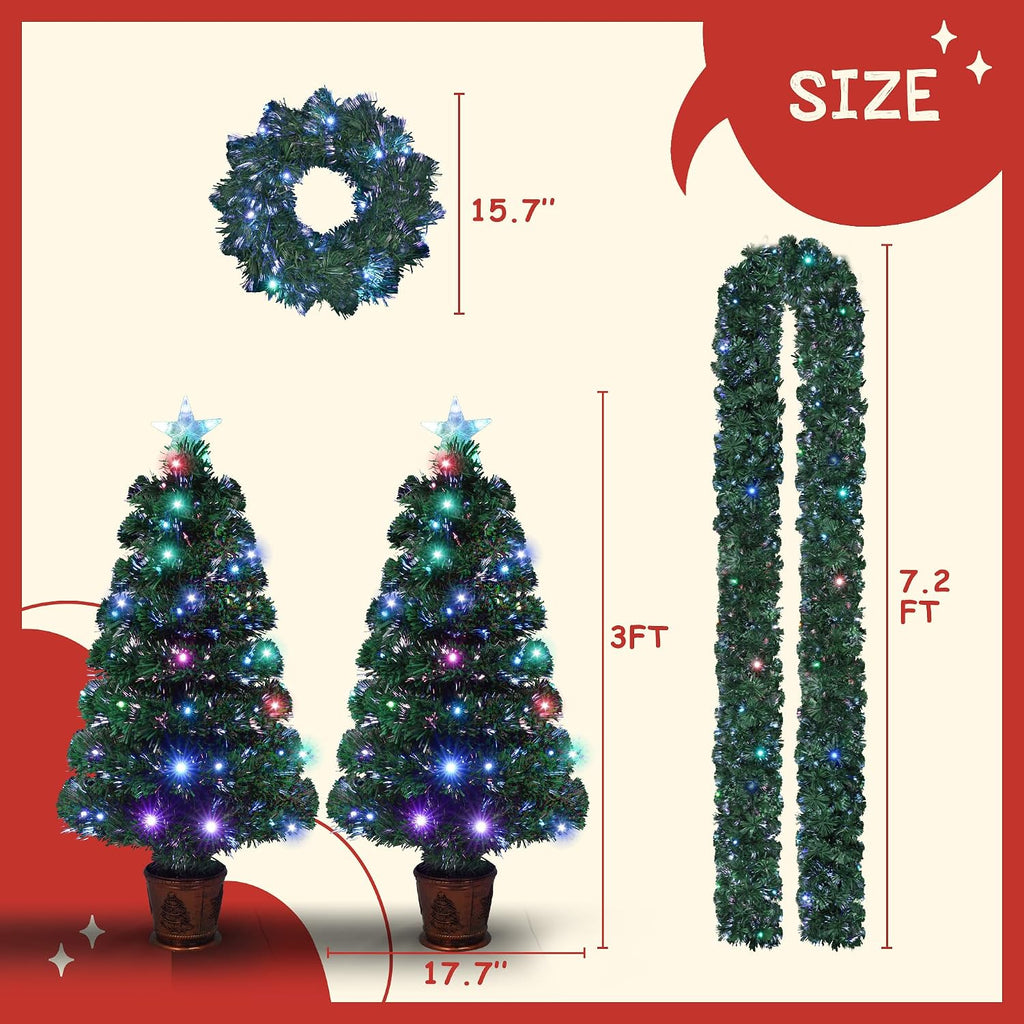 Pre-lit Artificial Christmas Tree 4-Piece Set,Optical Fiber Christmas Garland, Wreath and Set of 2 Pcs 3ft Entrance