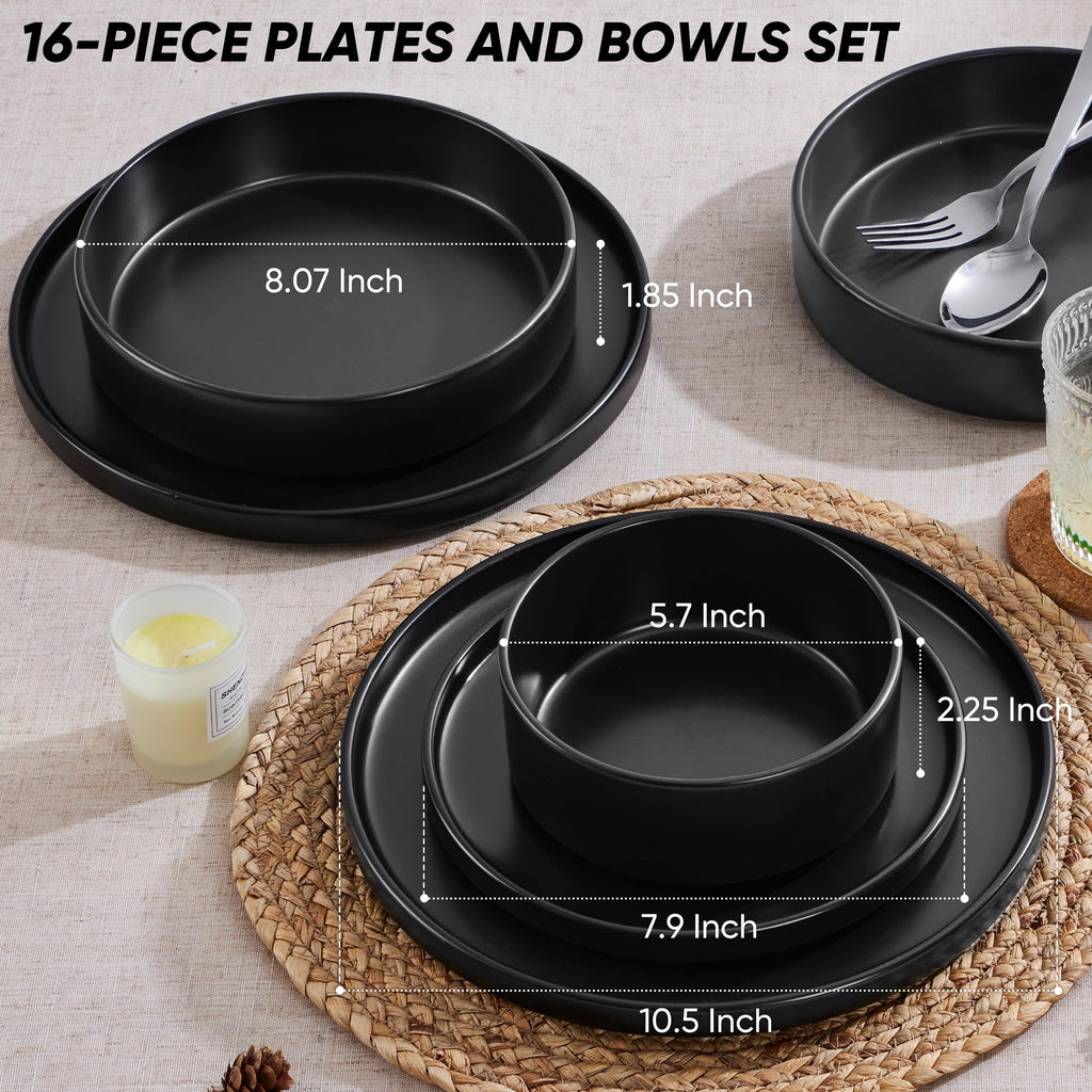 16-Piece Stoneware Dinnerware Sets with Pasta Bowls, Matte Black